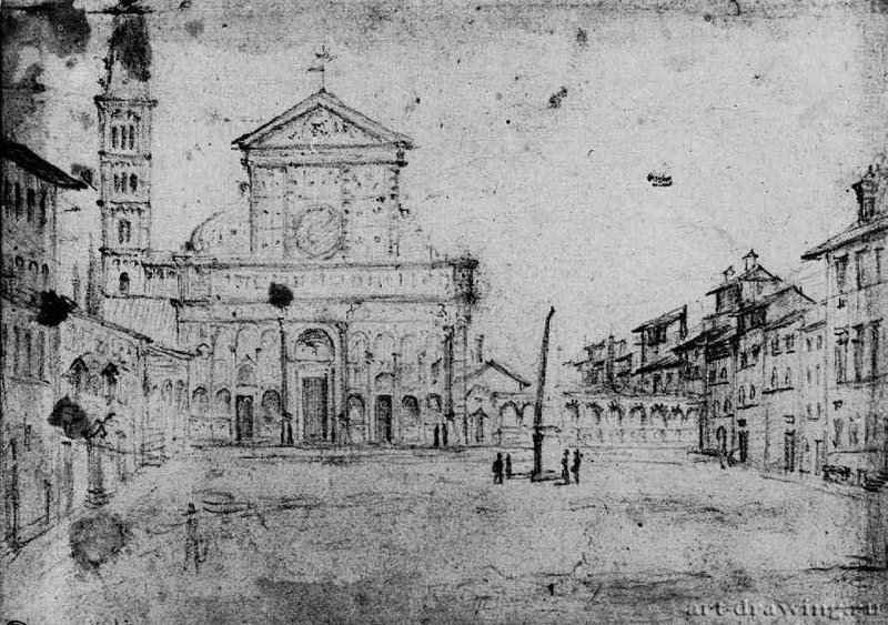 Вид площади и церкви Санта Мария Новелла во Флоренции. 1608 - 157 х 223 мм Черный и белый мел, на белой бумаге Париж Лувр, Кабинет рисунков Италия