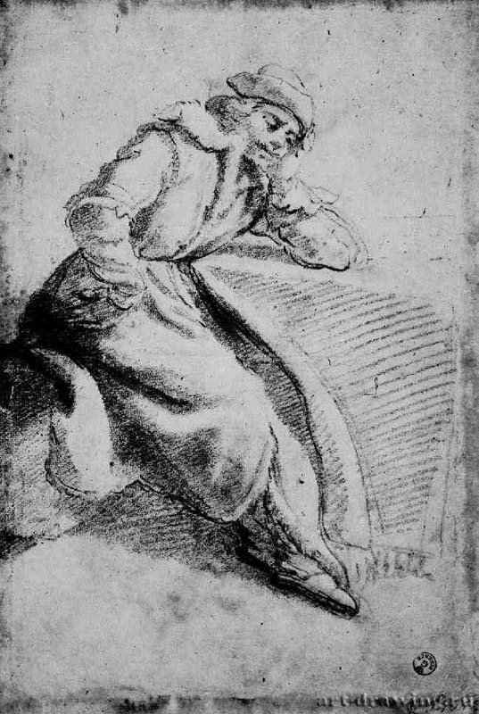 Микеланджело, погруженный в размышления. 1620-1621 - 395 х 268 мм Черный и белый мел, на коричневатой бумаге Флоренция Уффици, Кабинет рисунков и гравюр Италия