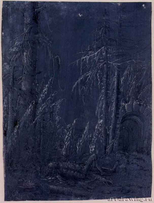 Мертвый Приам. 1511-1513 - 213 x 156 мм. Перо черным тоном на грунтованной темно-синим тоном бумаге, белила частично окислились до розового цвета. Берлин. Гравюрный кабинет. Германия.