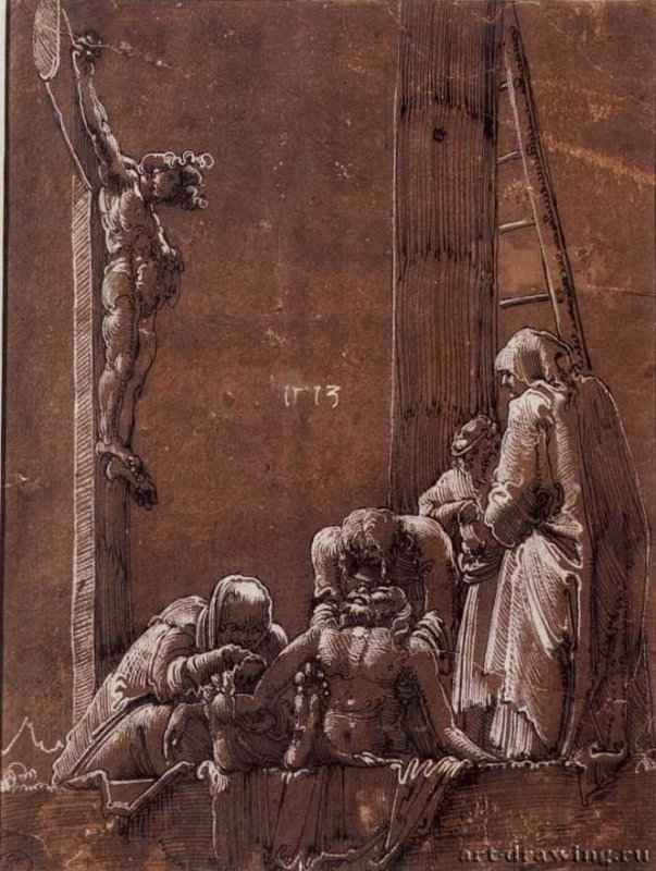 Оплакивание Христа. 1513 - 208 x 155 мм. Перо черным тоном, подсветка белым, на грунтованной красновато-коричневым тоном бумаге. Флоренция. Галерея Уффици, Кабинет рисунков и гравюр. Германия.