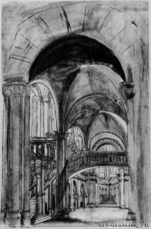 Внутренний вид церкви. 1520-1522 - 212 x 138 мм. Перо черным тоном, отмывка серым тоном. Эрланген. Библиотека университета. Германия.