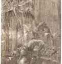Самсон, раздирающий пасть льва. 1512 - 216 х 155 мм. Перо черным тоном, подсветка белым, на грунтованной охрой бумаге. Берлин. Гравюрный кабинет. Германия.