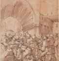Несение креста. 1515-1518 - 250 x 201 мм. Перо черным и коричневым тоном, отмывка серым тоном и подсветка белым, на тонированной красноватым тоном бумаге. Эрланген. Библиотека университета. Германия.