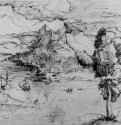 Пейзаж с деревом и каменоломней на первом плане и горами на дальнем берегу. 1510-1515 - 198 x 299 мм. Перо черно-коричневым тоном, на тонированной нежно-розовым бумаге. Эрланген. Библиотека университета. Германия.