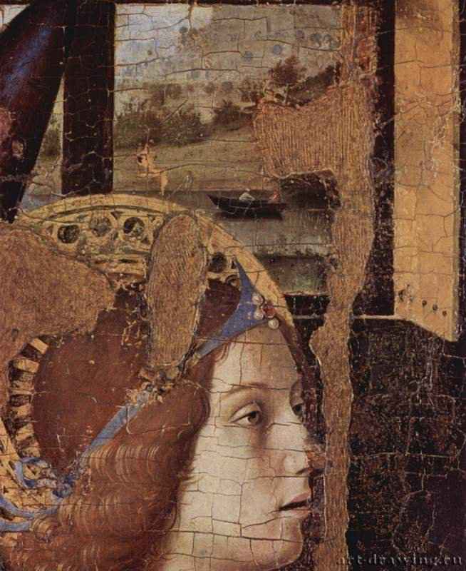 Благовещение, фрагмент. Деталь: голова архангела Гавриила. 1474 - The Annunciation, detail. Detail: head of the Archangel Gabriel. 1474
Холст, маслоВозрождениеИталияСиракузы. Национальный музей, палаццо Белломо