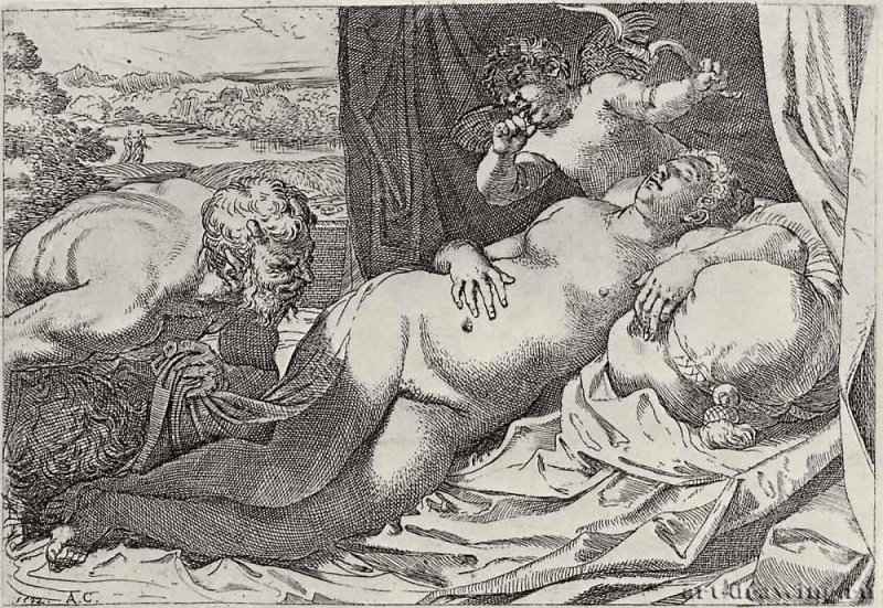 Венера и Сатир. 1592 - 156 х 227 мм. Офорт с резцом. Кембридж (Массачусетс). Художественный музей Фогга, Отдел гравюры х рисунка. Италия.