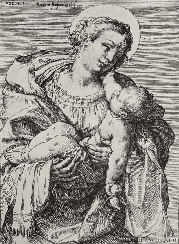 Мадонна с младенцем. 1593 - 152 х 109 мм. Офорт с резцом. Париж. Национальная библиотека, Кабинет эстампов. Италия.