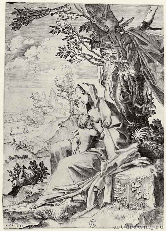 Мария-млекопитательница в пейзаже. 1595 - 307 х 224 мм. Резцовая гравюра на меди. Париж. Национальная библиотека, Кабинет эстампов. Италия.