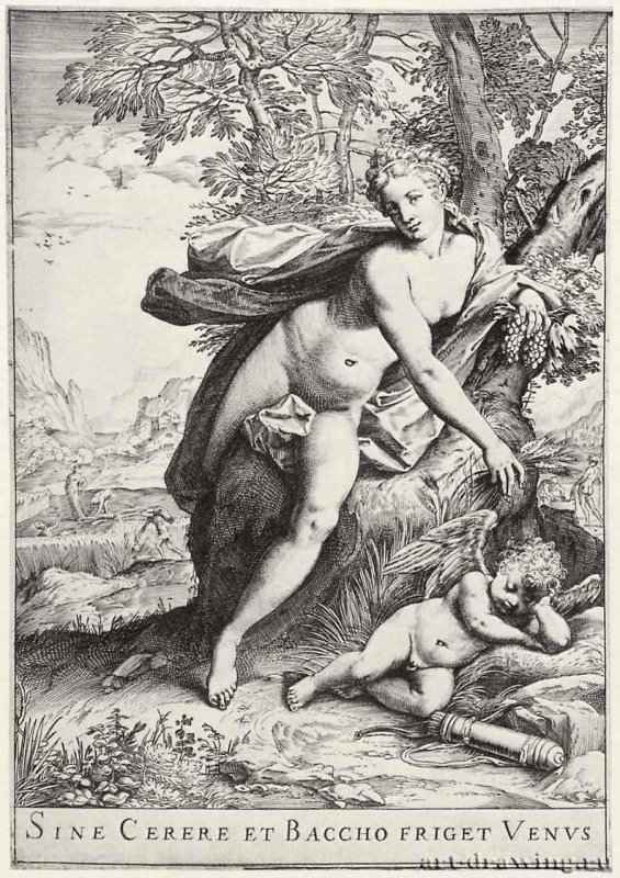 Sine Cerere et Baccho Friget Venus (Без Вакха и Цереры мерзнет Венера). 1599 - 220 х 154 мм. Резцовая гравюра на меди. Лондон. Британский музей, Отдел гравюры и рисунка. Италия.