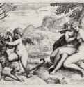 Omnia vincit Amor (Все побеждает любовь, или Пан, укрощенный Амуром). 1599 - 126 х 187 мм. Резцовая гравюра на меди. Вашингтон. Национальная галерея. Италия.