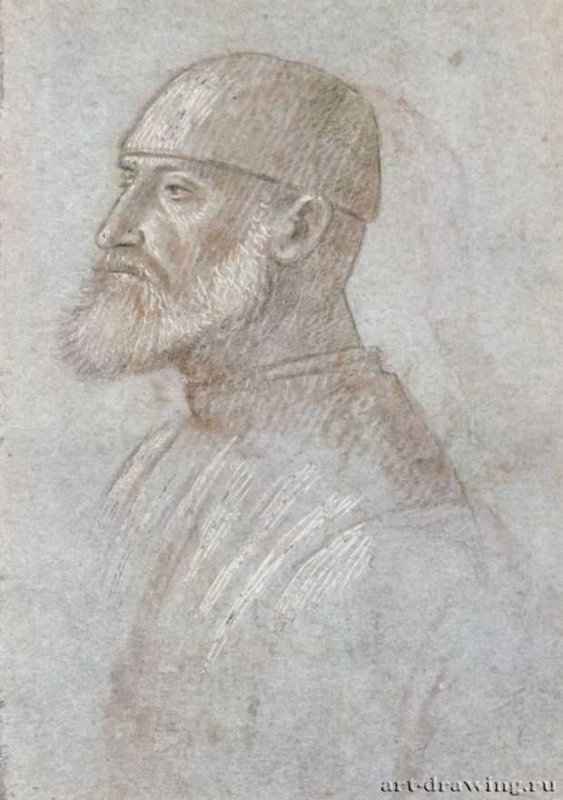 Голова бородатого мужчины в шапке. 1480-1525 - 265 х 186 мм. Кисть коричневой тушью, подсветка белым, немного черного мела, на голубой бумаге. Нью-Йорк. Библиотека Пирпонта Моргана.