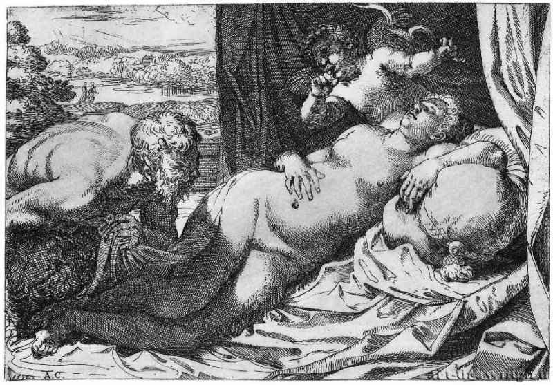 Юпитер и Антиопа. 1592 - 151 х 222 мм. Офорт с резцом. Карлсруэ. Кунстхалле, Гравюрный кабинет. Италия.