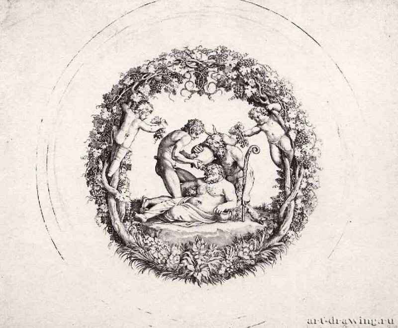 Пьяный Силен ("Тацца (чаша) Фарнезе"). 1597-1600 - диаметр: 323 мм. Резцовая гравюра на меди. Вашингтон. Национальная галерея. Италия.