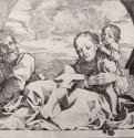 Святое семейство под аркой. 1585-1590 - 267 х 327 мм. Резцовая гравюра на меди. Лос-Анджелес. Центр графических искусств Грюнвальда, Калифорнийский университет. Италия.
