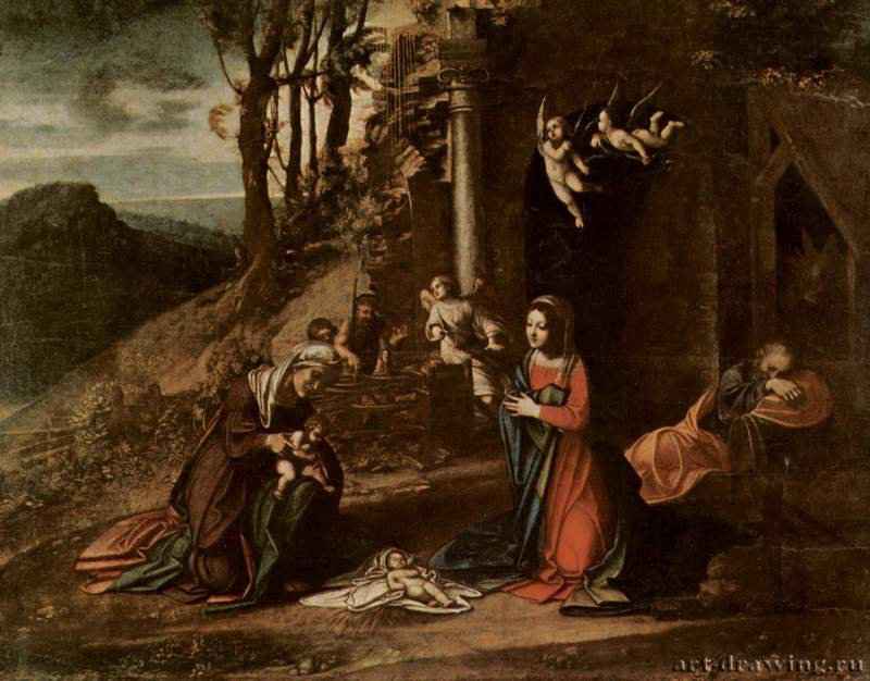 Рождество Христово, со св. Елизаветой и Иоанном Крестителем, а также спящим Иосифом - 1515 *77 x 99 смДерево, маслоВозрождениеИталияМилан. Пинакотека Брера
