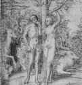 Адам и Ева в Раю. 1525 - 208 х 158 мм. Перо коричневым тоном, отмывка серым тоном, на бумаге. Утрачен во время Второй мировой. Германия.
