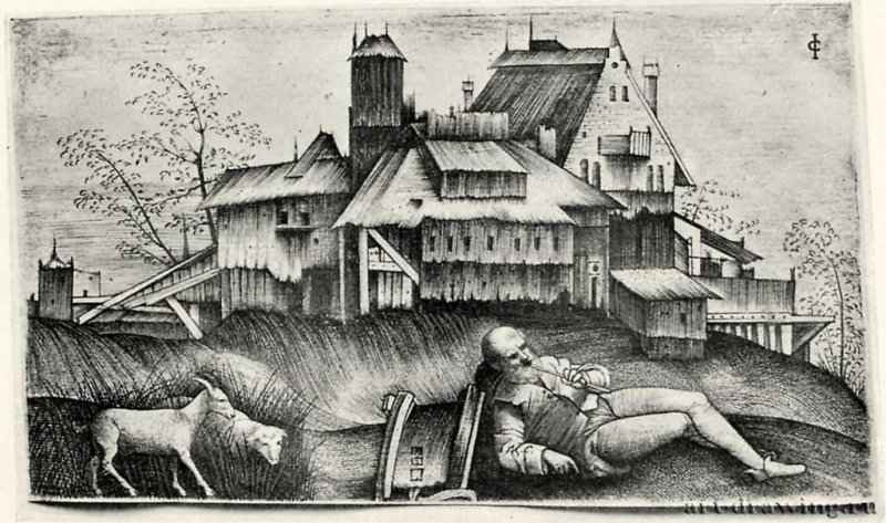 Старый пастух. 1500-1515 - 190 х 136 мм. Резцовая гравюра на меди. Париж. Национальная библиотека, Кабинет эстампов.