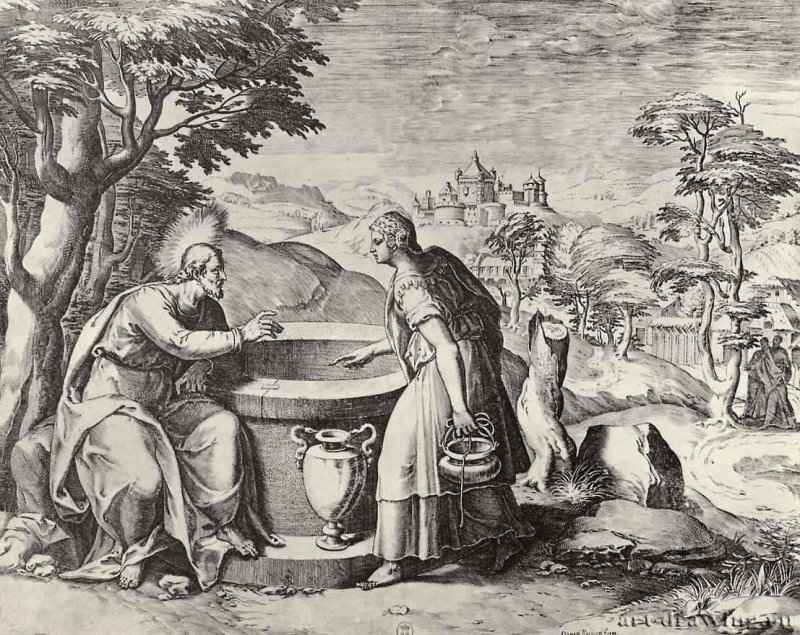 Христос и самаритянка. 1579-1581 - 359 х 460 мм. Резцовая гравюра на меди. Париж. Национальная библиотека, Кабинет эстампов. Италия.