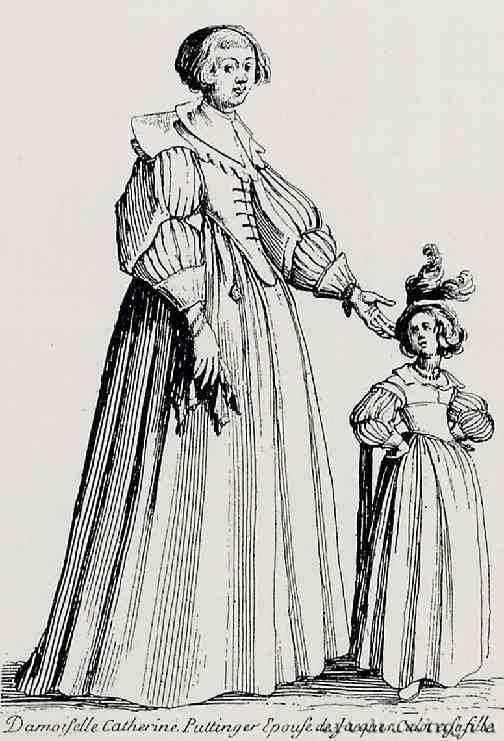 Портрет Катерины Куттингер, супруги Жака Калло, с дочерью. 1620-1622 - Офорт. Нанси. Лотарингский музей. Франция.