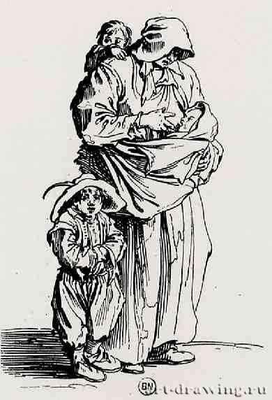 Серия "Нищие", Нищенка с тремя детьми. 1622-1623 - 137 х 86 мм. Офорт. Париж. Национальная библиотека, Кабинет эстампов. Франция.