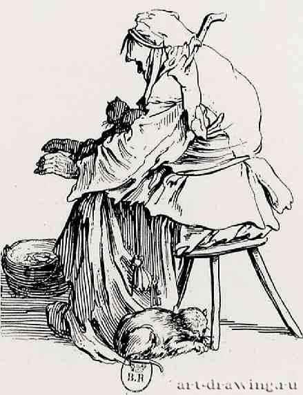 Серия "Нищие", Старуха с кошкой. 1622-1623 - 137 х 86 мм. Офорт. Париж. Национальная библиотека, Кабинет эстампов. Франция.