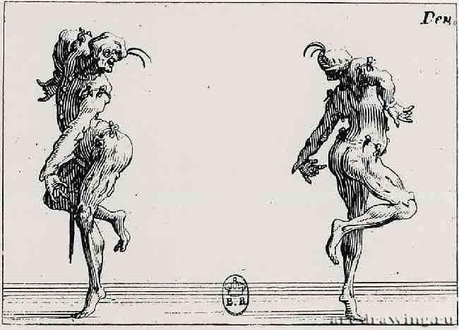 Серия "Каприччи". Два танцующих Панталоне. 1617 - 54 х 81 мм. Офорт. Париж. Национальная библиотека, Кабинет эстампов. Франция.