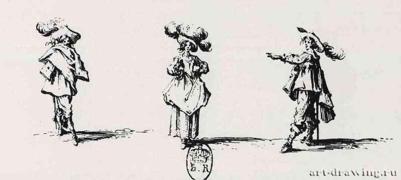 Серия "Фантазии", Дама в большой шляпе с перьями и два кавалера. 1635 - 61 х 82 мм. Офорт. Париж. Национальная библиотека, Кабинет эстампов. Франция.