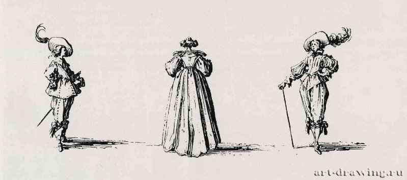 Серия "Фантазии", Дама в платье со складками, фигура со спины, и два кавалера. 1635 - 61 х 82 мм. Офорт. Париж. Национальная библиотека, Кабинет эстампов. Франция.