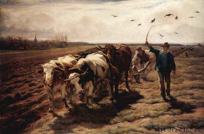 Пахота на волах - 1868136,5 x 204 смХолст, маслоРеализмШвейцарияЦюрих. Частное собрание