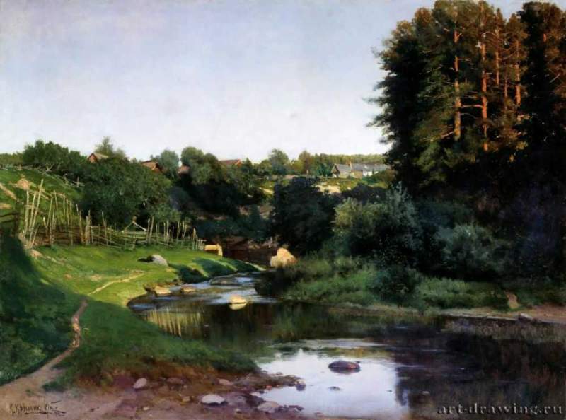 Деревня на берегу речки - Холст, масло. Россия.