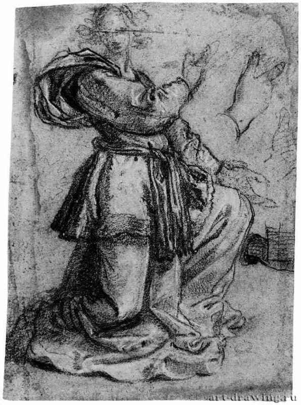 Этюды коленопреклоненного ангела. 1600-1625 - 240 х 160 мм Черный и белый мел, на коричневатой бумаге Флоренция Библиотека Маручеллиана Италия
