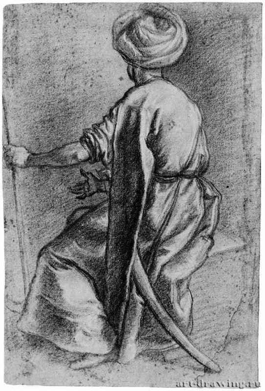 Фигура сидящего в тюрбане, со спины. 1622 - 400 х 250 мм Сангина и белый мел, на голубой бумаге Рим Национальный кабинет гравюр Италия