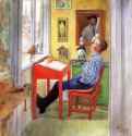 Эсбьёрн делает домашнюю работу, 1912 г. - Акварель, гуашь, карандаш, бумага на холсте; 74,3 x 68,58 см. Частное собрание. Швеция.