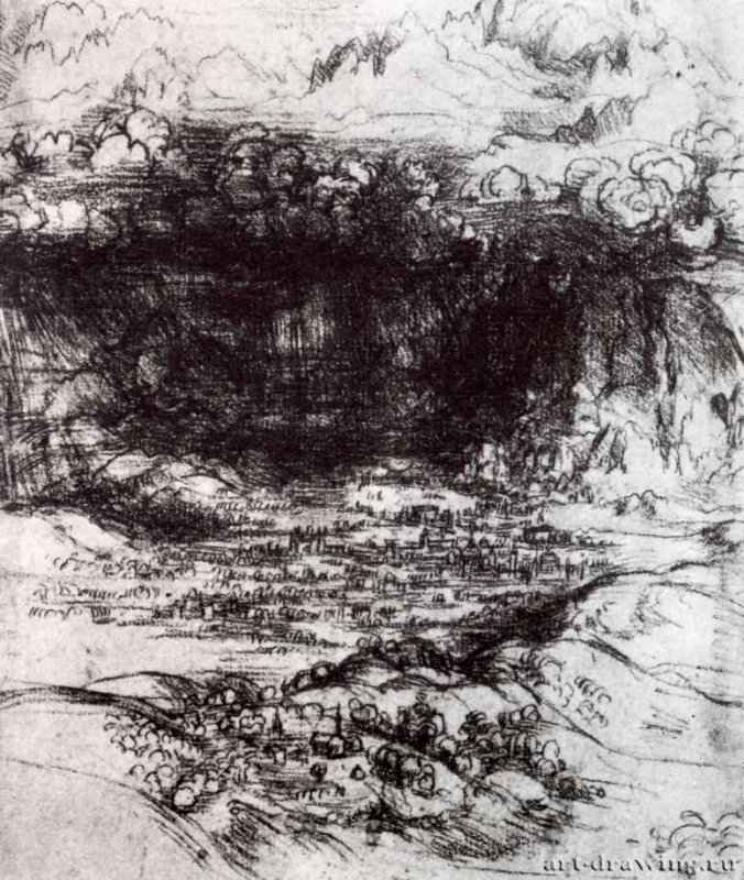 Ураган, обрушившийся на равнину. 1499 - 29,2 x 14,9 см. Сангина на белой бумаге. Из собрания Ее величества королевы Елизаветы II.