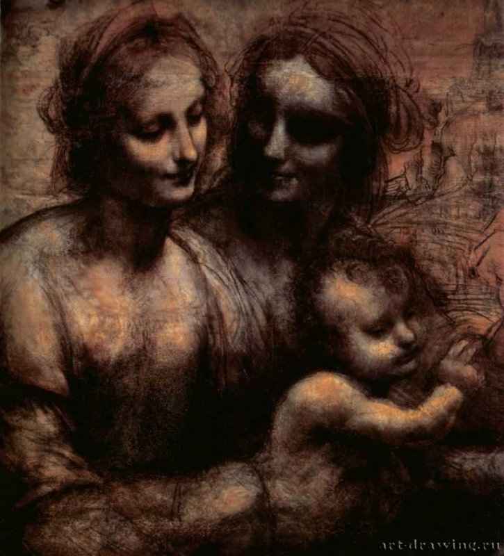 Мадонна с младенцем и Св. Анной. 1499-1501 - 139,4 x 101,3 см. Картон, уголь, белый мел. Лондон. Национальная галерея.