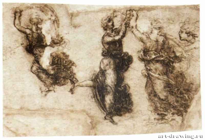 Три танцующие фигуры. 1500-1510 - 100 х 150 мм. Перо коричневым тоном, поверх наброска черным мелом, на коричневатой бумаге. Венеция. Галерея Академии.