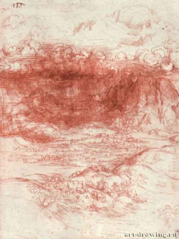 Гроза над альпийской долиной. 1500 - 290 х 150 мм. Сангина на бумаге. Виндзорский замок. Королевская библиотека.