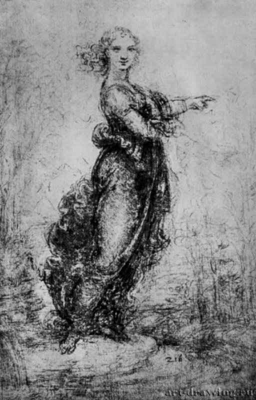 Женская фигура в пейзаже. 1513 - 209 х 134 мм. Коричневый мел на бумаге. Виндзорский замок. Королевская библиотека.
