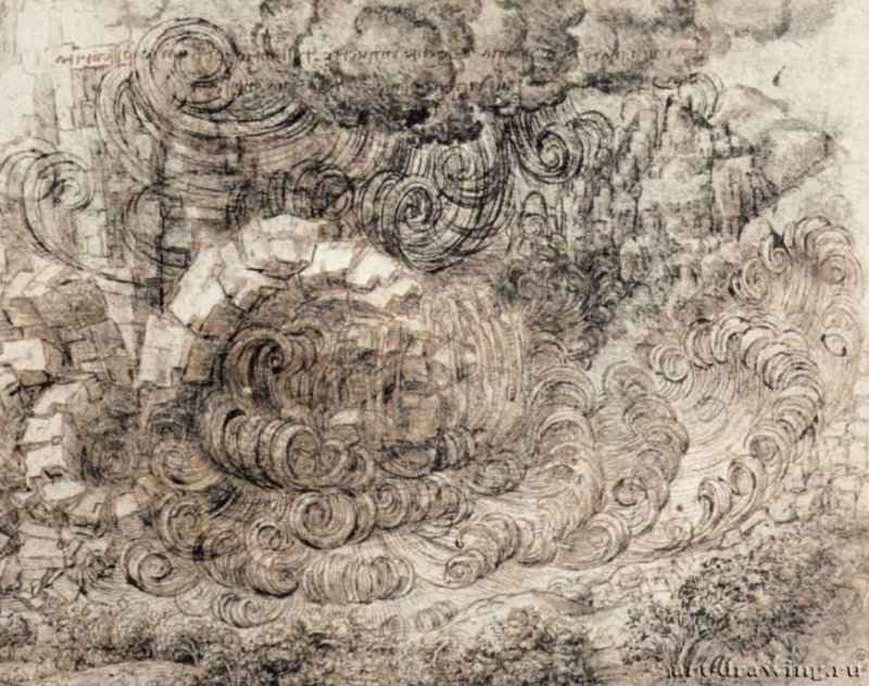 Скалы и вода в бурю. 1514-1516 - 167 х 204 мм. Бистр поверх наброска черным мелом, на бумаге. Виндзорский замок. Королевская библиотека.