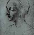 Голова молодой женщины. 1486 - 145 х 197 мм. Серебряный штифт на грунтованной синим тоном бумаге. Виндзорский замок. Королевская библиотека.
