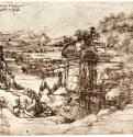 Пейзаж долины Арно. 1473 - 193 х 285 мм. Перо коричневым тоном, на бумаге. Флоренция. Галерея Уффици, Кабинет рисунков и гравюр.