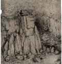 Скалистый обрыв и две водоплавающие птицы. 1478-1480 - Леонардо да Винчи: 214 х 155 мм. Перо на грунтованной розовым тоном бумаге. Виндзорский замок. Королевская библиотека.
