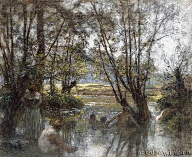 Женщины и дети купаются в реке. - Пастель, бумага; 43,8 x 54 см. Музей изящных искусств. Бостон. Франция.