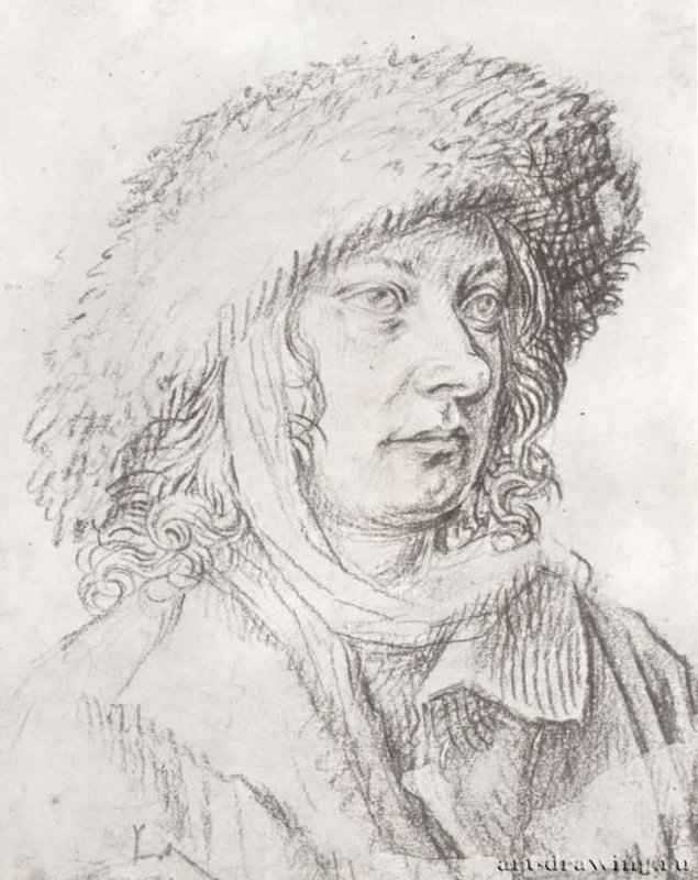Портрет молодого человека в меховой шляпе. 1508 - 205 х 164 мм. Черный мел, отмывка желтоватым тоном, на бумаге. Лондон. Британский музей, Отдел гравюры и рисунка. Нидерланды.
