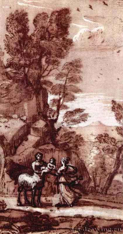 Нимфа Фетида вверяет маленького Ахилла кентавру Хирону. Вторая треть 17 века - 228 х 124 мм. Перо бистром, отмывка, подсветка белым, на коричневой бумаге. Кембридж (Массачусетс). Художественный музей Фогг, Отдел гравюры и рисунка. Франция.