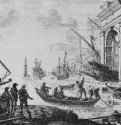 Портик у гавани. 1635-1636 - 140 х 196 мм. Офорт. Карлсруэ. Кунстхалле, Гравюрный кабинет. Франция.
