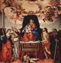 Мадонна на троне, ангелы и святые. Слева: свв. Екатерина Александрийская и Августин; справа: свв. Себастьян и Антоний - 1521287 x 268 смХолст, маслоВозрождениеИталияБергамо. Санто Спирито
