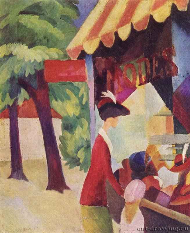 Перед шляпной лавкой (Женщина в красном жакете и ребенок) - 191354,7 x 44,5 смХолст, маслоЭкспрессионизмГерманияГамбург. Собрание Эрика БлуменфельдаОбъединение художников "Синий всадник"