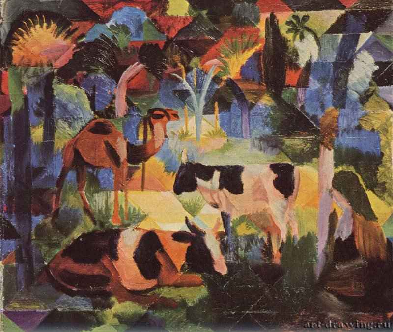 Пейзаж с коровами и верблюдом - 191447 x 54 смХолстЭкспрессионизмГерманияЦюрих. КунстхаусОбъединение художников "Синий всадник"