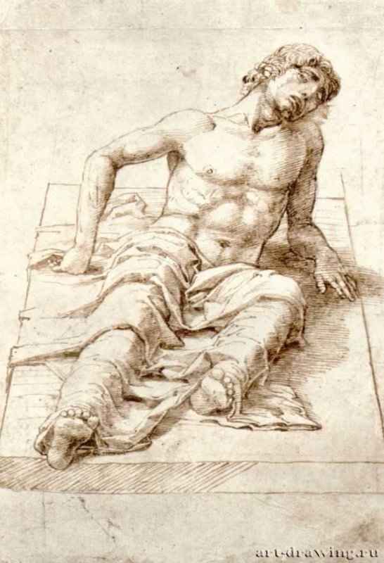 Мужчина, лежащий на каменной плите. 1490-1500 - 163 х 140 мм. Перо коричневым тоном, поверх наброска черным мелом, на бумаге. Лондон. Британский музей, Отдел гравюры и рисунка.